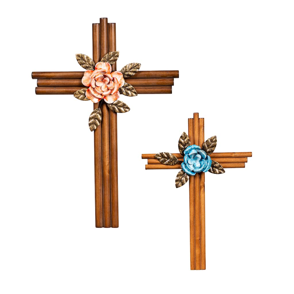 15 in. x 11 in. Wood Crosses with Flowers, Set of 2