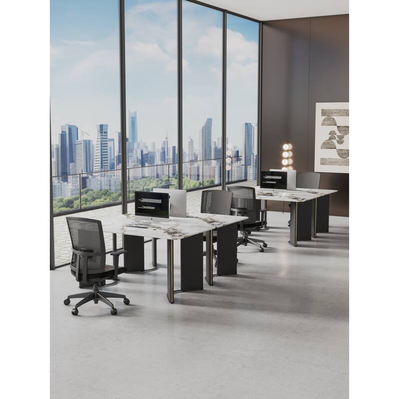 Modern minimalist dining table. White imitation marble glass sticker desktop, stainless steel legs