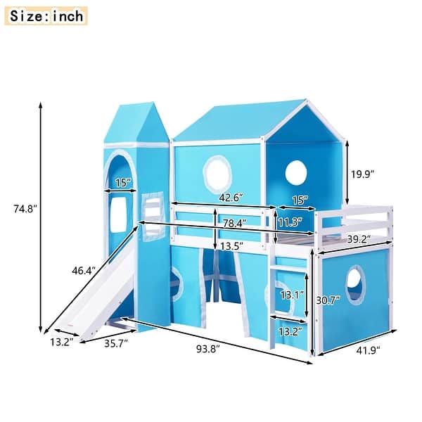 Multifunction Twin Size Bunk Bed With Slide Blue Tent and Tower