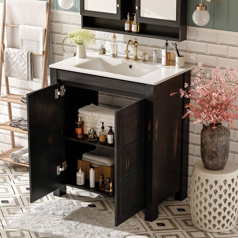 Vintage Style Bathroom Vanity Combo with Ceramic Sink and 2 Soft-close Doors