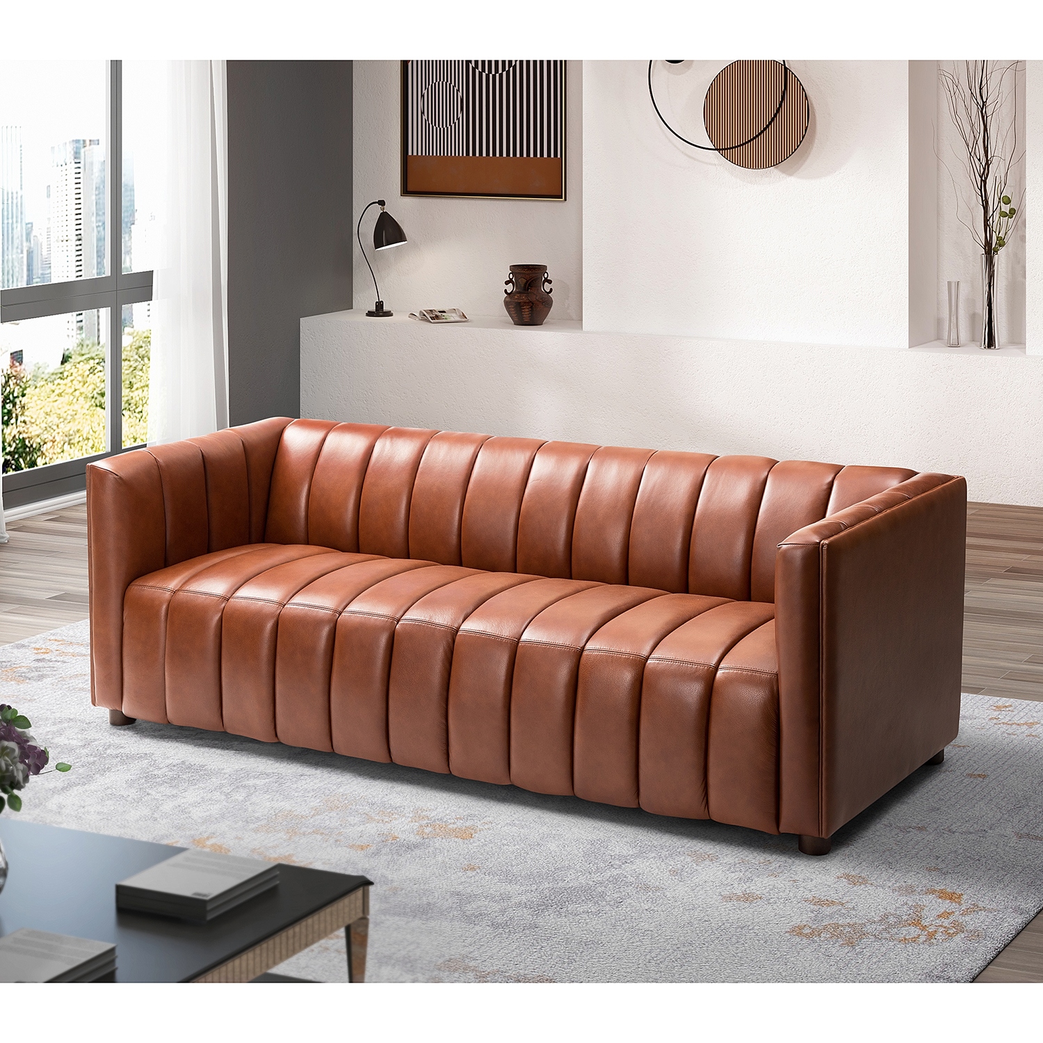 Olinto Modern Camel 83 inch Genuine Leather Curved Couch with