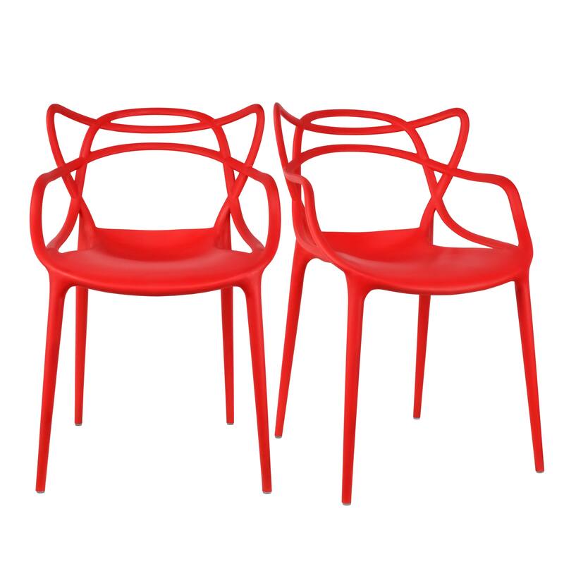 Modern Stackable Geometric Molded Stacking Chairs Dining Armchairs Indoor Outdoor Patio Work Office Kitchen (Set of 2) - Red