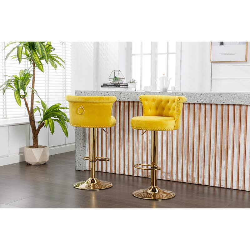 Set of 2 Adjustable Counter Height Swivel Bar Stools with Footrest - Yellow+Gold