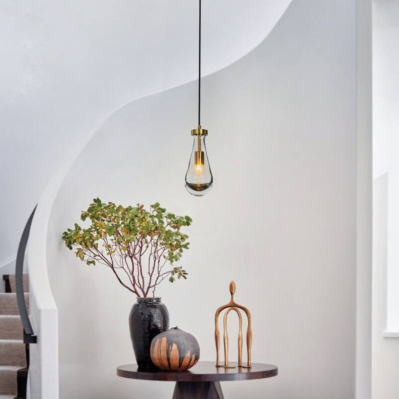 Single 5" Wide Cord Hung Farmhouse Antique Gold Glass Pendant Rustic Kitchen Hanging Lamp With Clear Teardrop Shade - W5"