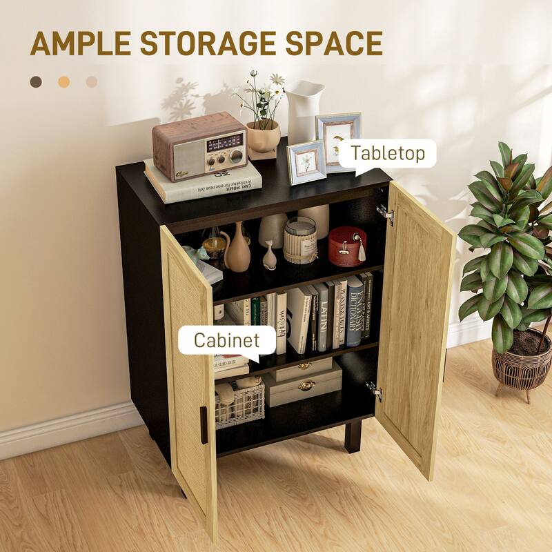 Sideboard Buffet Cabinet with 2-Rattan Doors, Adjustable Shelves, Boho Kitchen Storage Cabinet for Living Room, Black & Natural