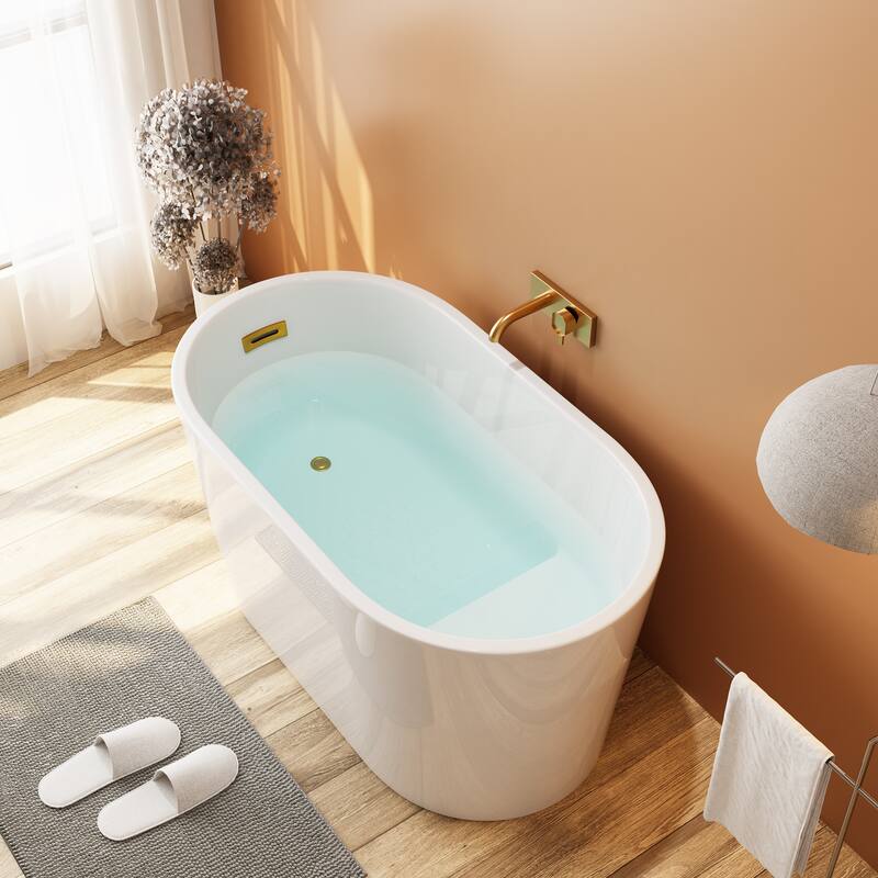 HOROW 47 x 26.8 Inch Soaking Bathtub with Side Drain White with Matte Black Trim - Gold Drain Finish