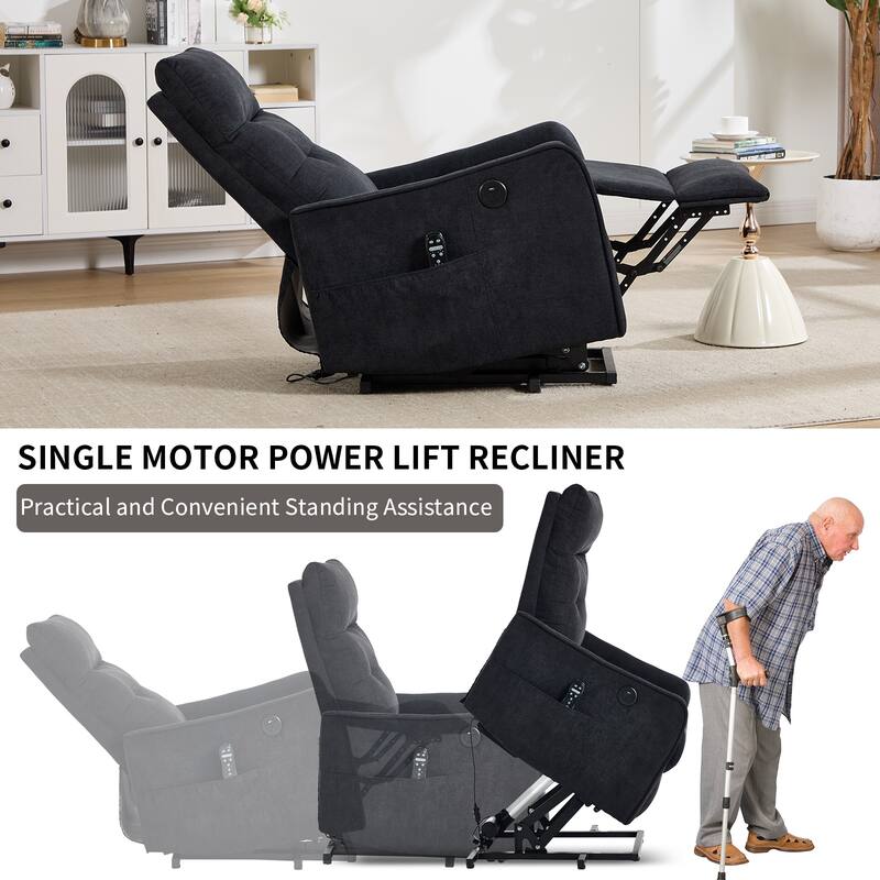 Single Motor Power Lift Recliner with USB Port and 155 Degree Recline