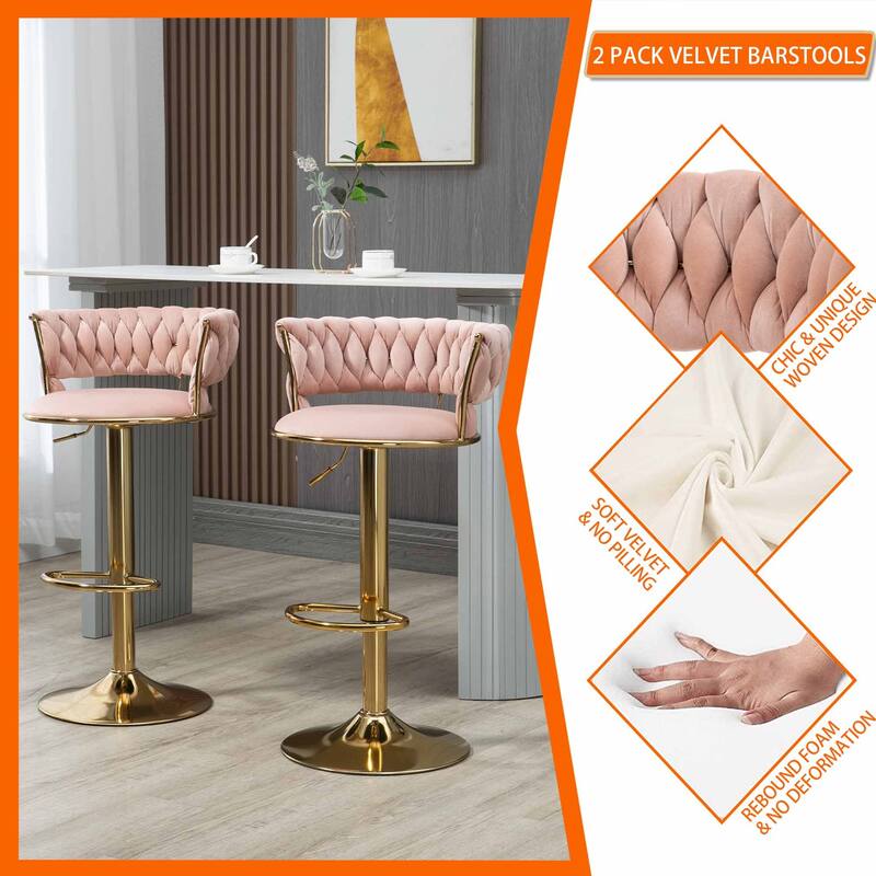 HOMEFUN Velvet Adjustable Height Swivel Armless Bar Stools With Golden Footrest(set of 2)