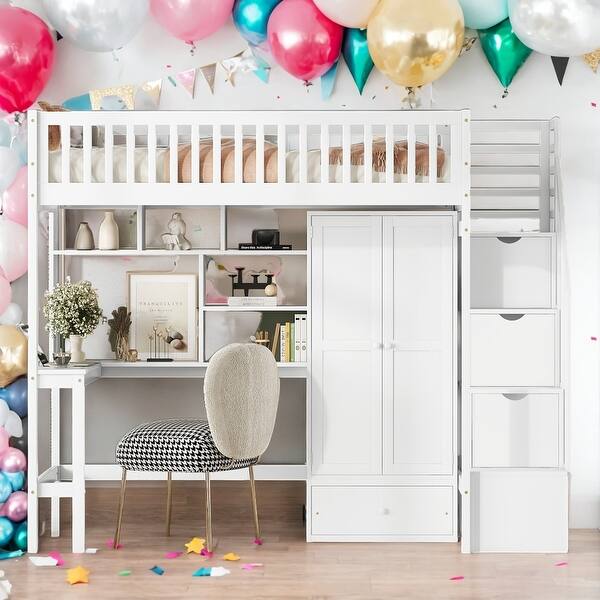 slide 2 of 13, Twin Size Loft Bed with Bookshelf,Drawers,Desk,and Wardrobe,White,Elegance Unique Design Wood Loft Bed,Beautiful Kid Bed White