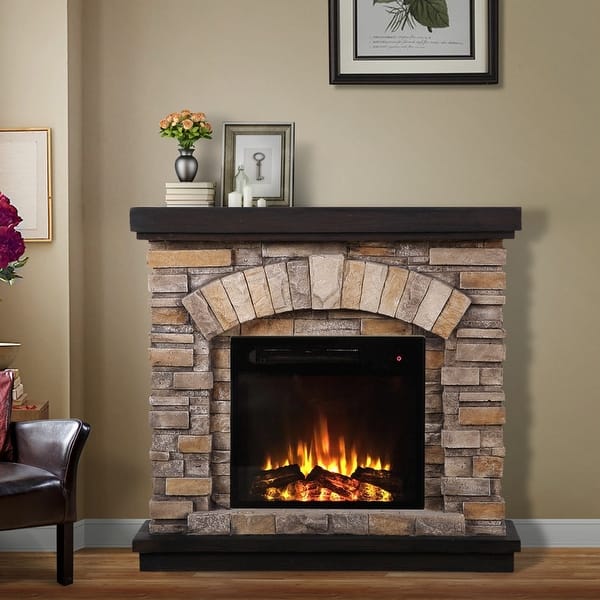 36 Inch Wide Faux Stone Electric Fireplace Mantel Overstock 31030387