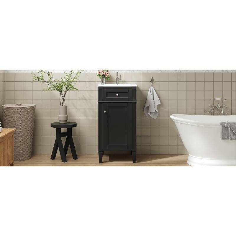 16" Bathroom Vanity with Ceramic Sink, Freestanding Single Vanity Set with Soft Closing Door, Adjustable Shelf, French Style