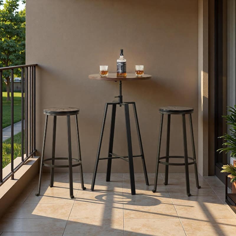 Glitzhome 3-piece Industrial Pub Set Height Adjustable Bar Table and Round Stools