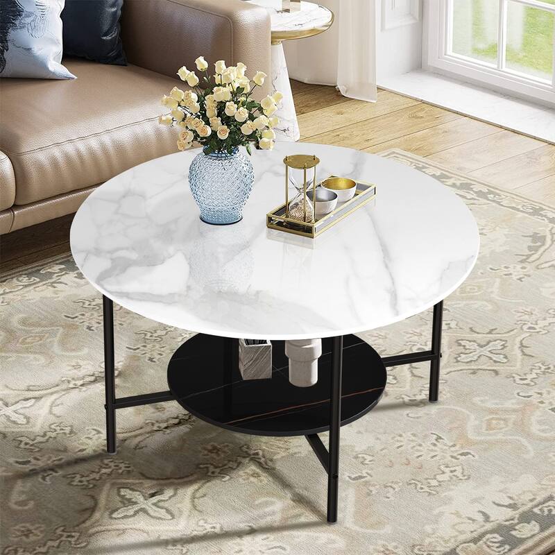 Modern Coffee Tables Round 2 Tier Sintered Stone Tabletop - 31.5" W x 18.7" H