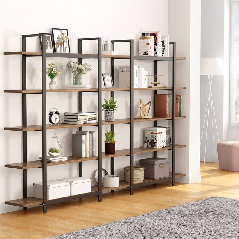 Brown Vintage Industrial 5-Tier Etagere Bookcase, White/ Gold Modern Display Bookshelf