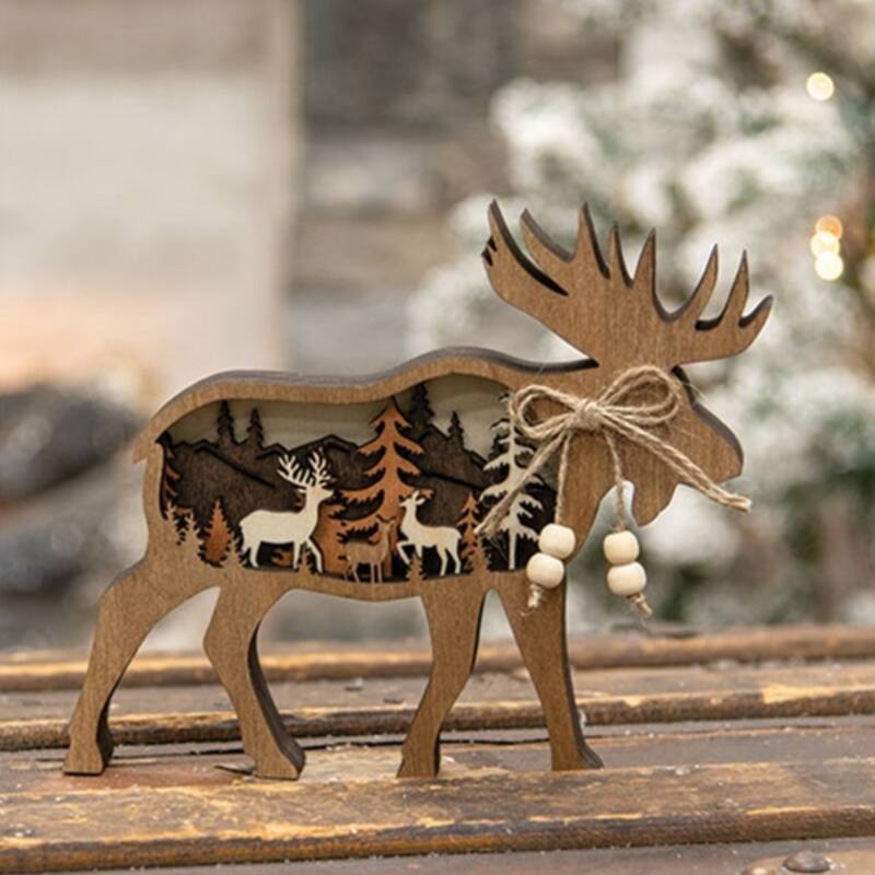 Brown Wood Moose Forest Scene Sitter with Layered Cutout and Jute Bow Decor - Height– 6.50 lbs.