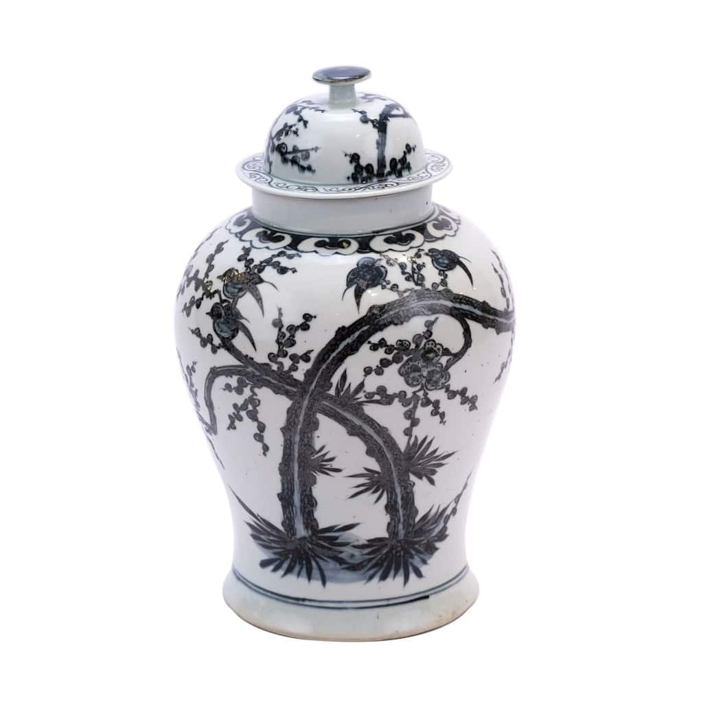 Blue & White Porcelain Temple Jar Magpie On Treetop