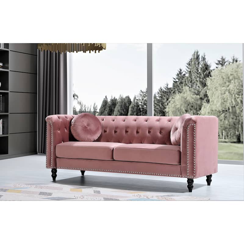 US Pride Vivian Classic Velvet Kittleson Nailhead Chesterfield Sofa - Rose
