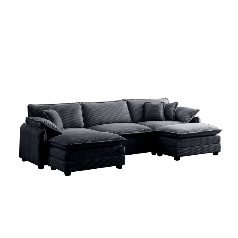 Grey 5-piece Corduroy U-Shaped Modular Sectional Sofa with 2 Ottomans & 5 Pillows