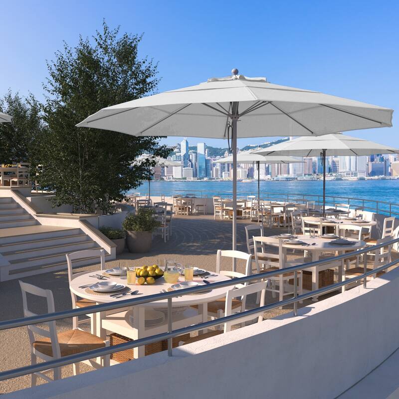 California Umbrella 11' Rd Aluminum Frame, Fiberglass Rib Market Umbrella, Push Open, White Finish, Pacifica Fabric - Natural