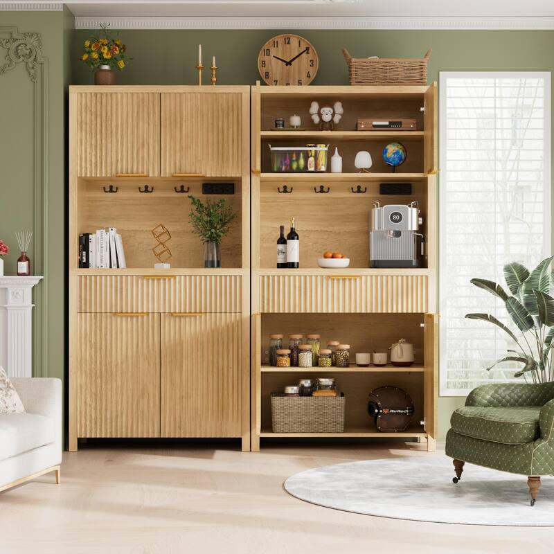 71"Pantry Storage Cabinet with Drawer, Charging Station and Open Countertop for Dining Living Room