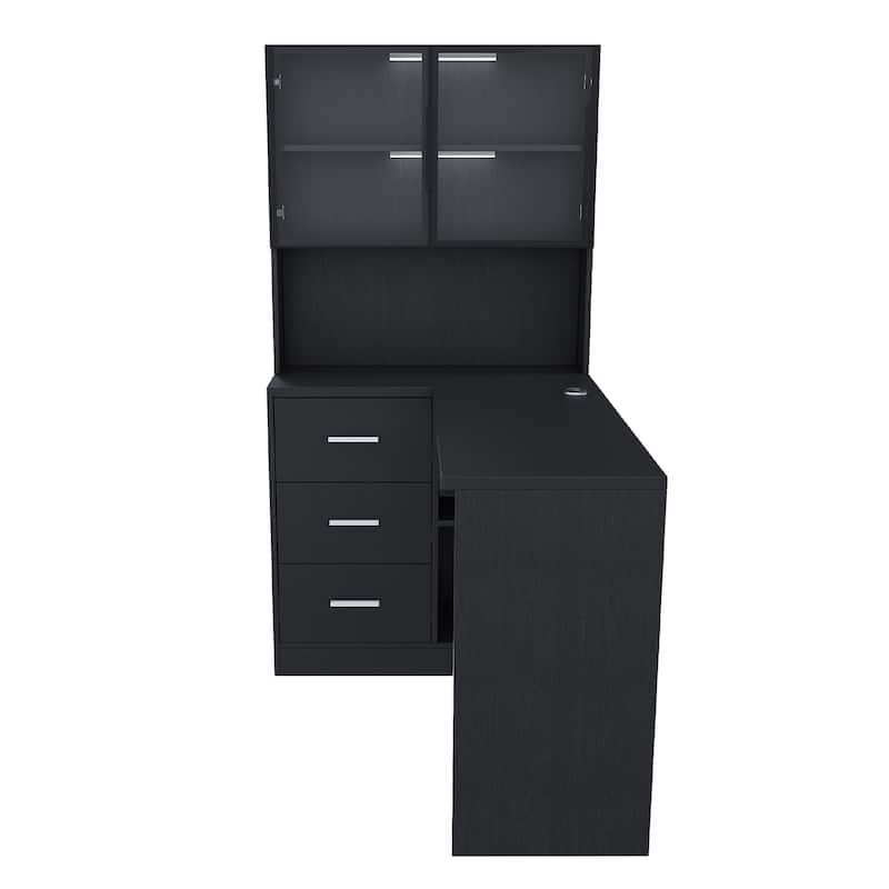 Computer Desk with Glass Cabinets & Built-In LED Lights, Corner L-Shaped Office Desk with USB Charging Ports, Keyboard Tray