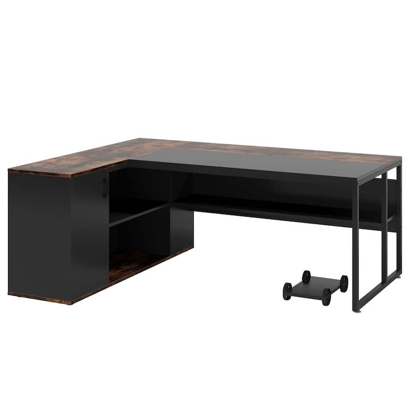 71" L-Shaped Executive Desk with Storage Cabinet & Shelves, Rustic Brown and Black