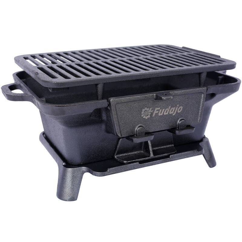 Anmytek Compact Cast Iron Tabletop Charcoal Grill with Dual-Layer Grate, Portable Mini BBQ Grill with Sliding Ash Door