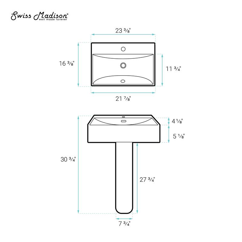 Bastille Square Two-Piece Pedestal Sink - 23.65" x 16.55" 33.05"