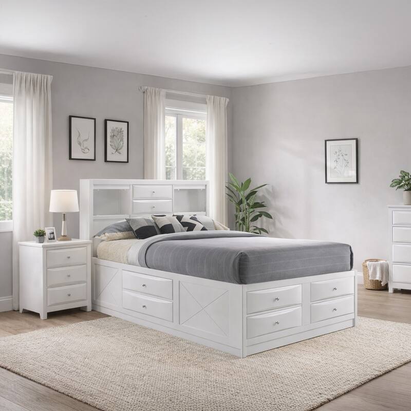 Eight Drawer Full Size Storage Bed with Bookcase Headboard, White