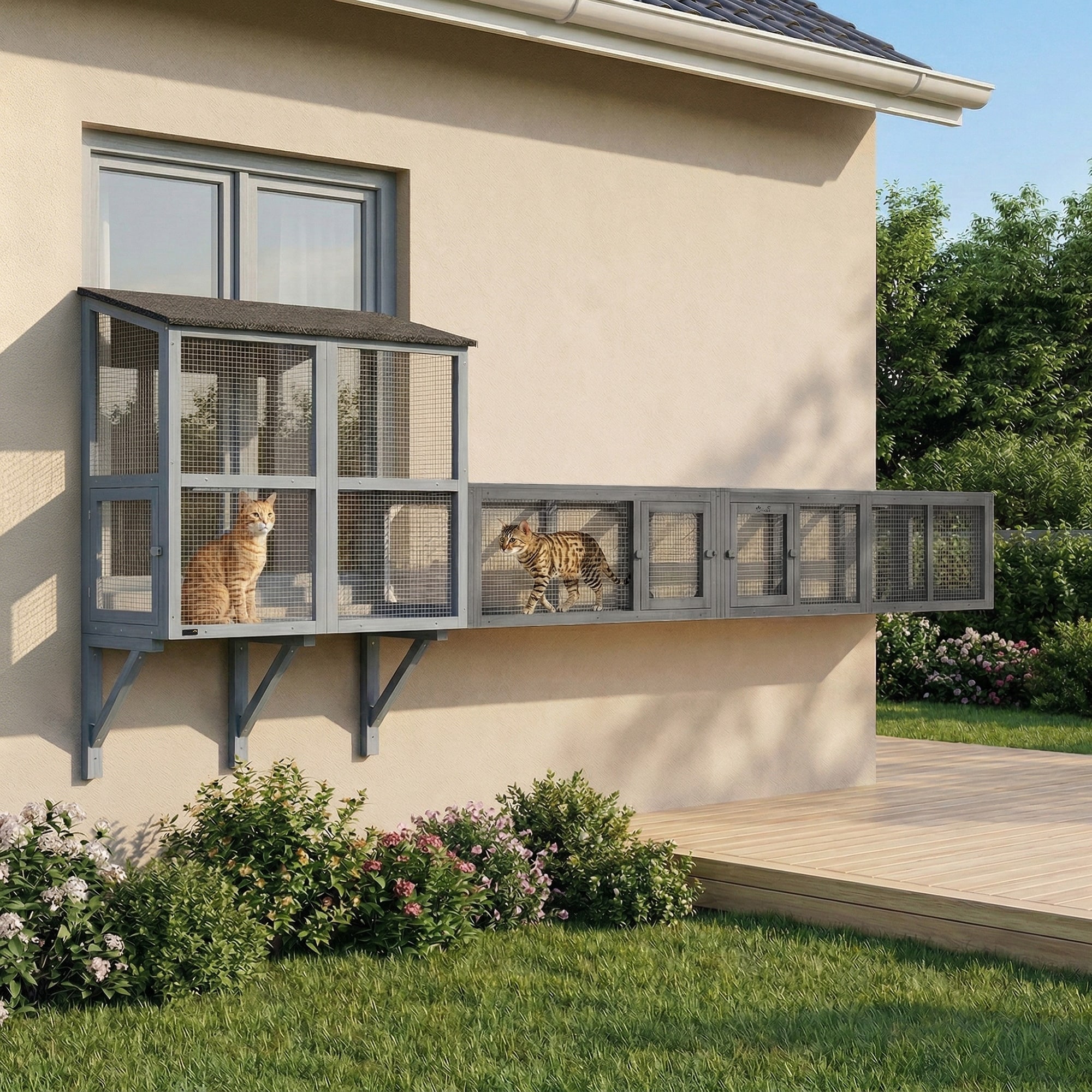 PawHut Outdoor Cat Tunnel with Extendable Design, 98" L Wooden Cat Run with Weather Protectio, for Deck Patios, Balconies, White