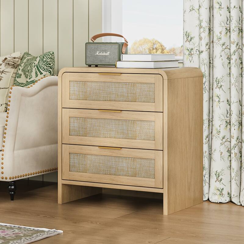 Rattan Nightstand with 3 Drawers, 22.8" Wide Curved Wooden Bedside Table, Modern Storage for Bedroom