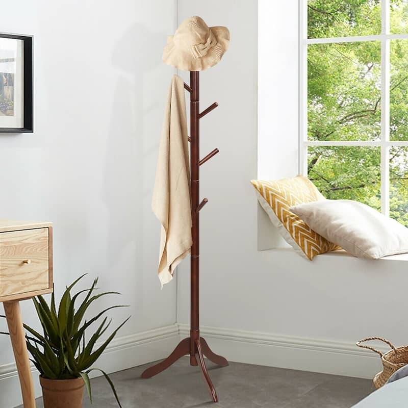 8 Hook Adjustable Wooden Tree Coat Rack for Home Office Hall - 19.5" x 19.5" x 54.5"/ 69" - Brown