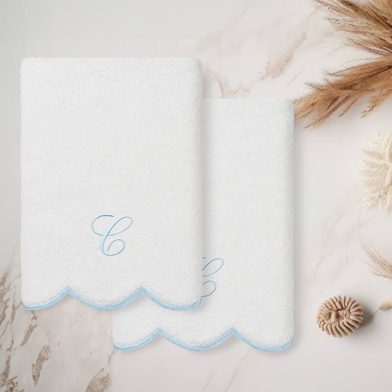 Authentic Hotel and Spa 100% Turkish Cotton Blue ADORNIA Scallop Personalized 2 Piece Hand Towel Set - 2 Hand Towels