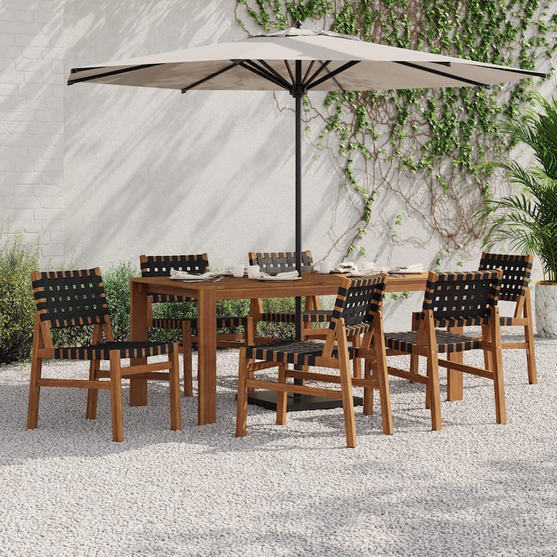 Christopher Knight Home - Orla Outdoor Acacia Wood Dining Set with Woven Rope Side Chairs & Rectangular Slat Table - 7-Piece Set-Teak Finish+Black