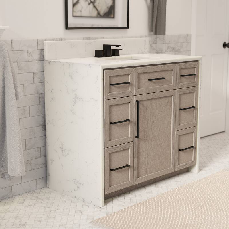 KitchenBathCollection Palisade 42" Waterfall Vanity with Engineered Marble Top - Gray Oak