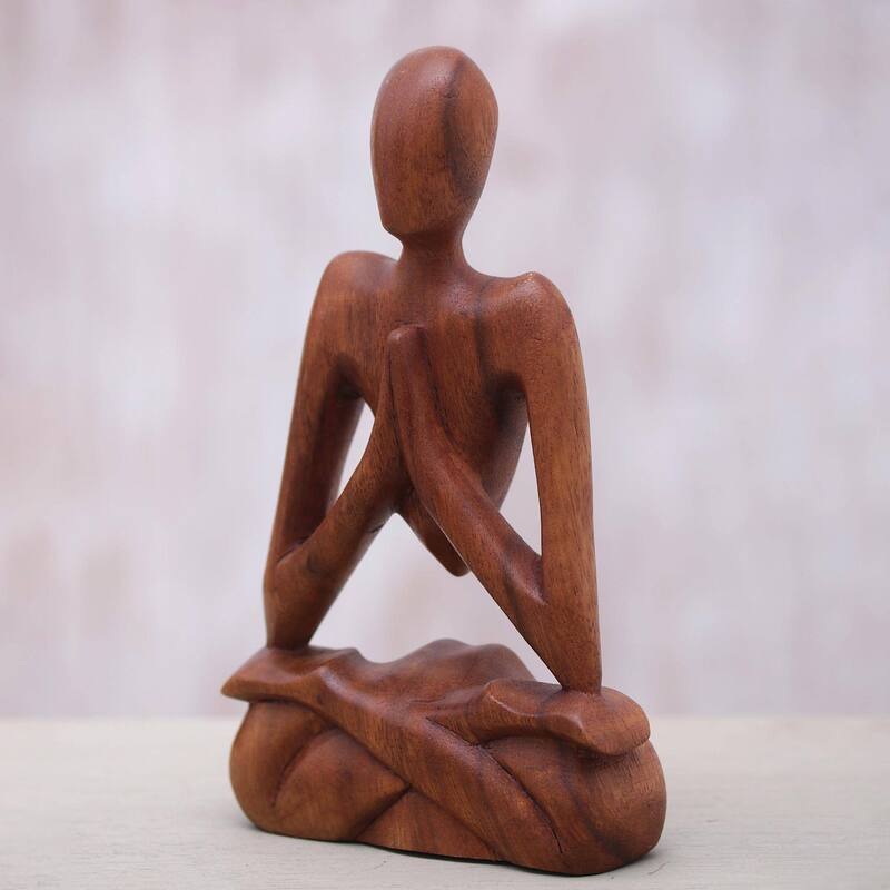 NOVICA Handmade Natural Meditation Wood Sculpture (Indonesia) - 7.75" H x 4.7" W x 1.4" D