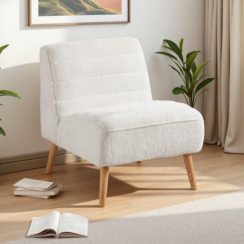 Chenille Armless Accent Chair with Rubber Wood Legs - Ivory