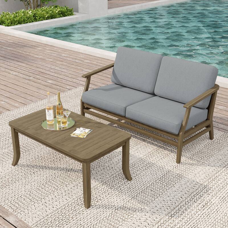 Teak Wood Patio Outdoor Loveseat Sofa and Coffee Table Set - Natural Wood - Grey
