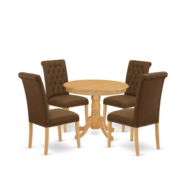5-Piece Round Dinette Set - Small Kitchen Table & 4 Parsons Chairs - Oak Finish, Dark Coffee Fabric - 36