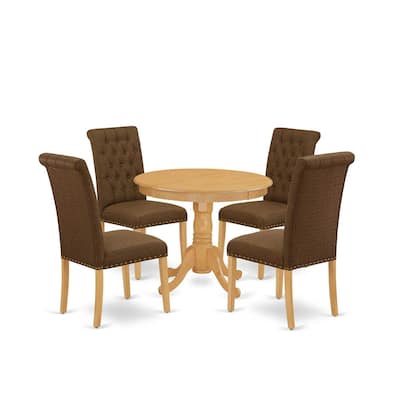 HomeStock 5-Piece Round Natural Oak Finish Solid Wood Top Dining Table with 4-Parson Chair with Lattice Back