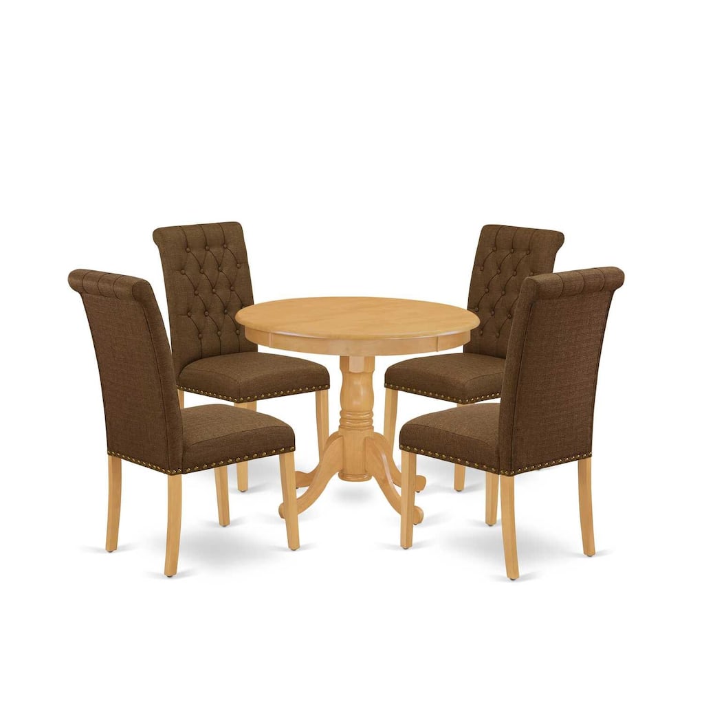 HomeStock 5-Piece Round Natural Oak Finish Solid Wood Top Dining Table with 4-Parson Chair with Lattice Back