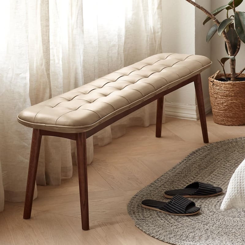 Oak Solid Wood Dining Bench With Leather Cushion