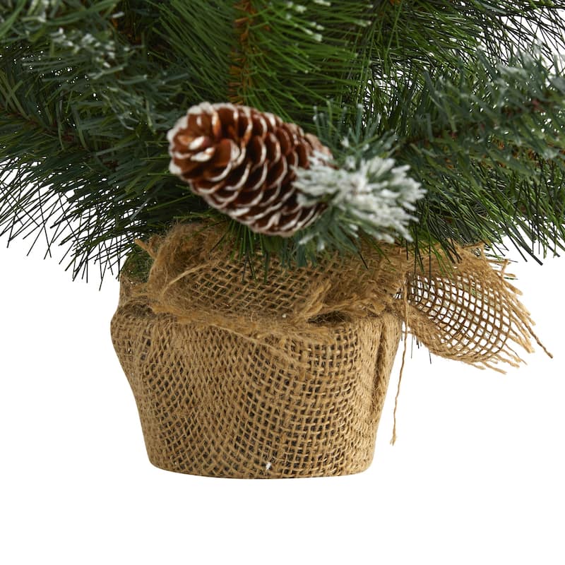 2ft. Frosted Pine Artificial Christmas Tree with 35 Clear LED Lights, Pinecones & Burlap Base - Petite Holiday X-Mas Accent