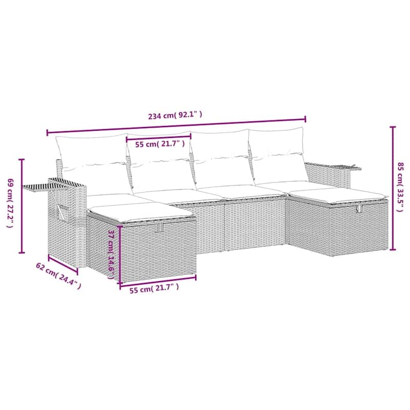 vidaXL Patio Sofa Set with Cushions Outdoor Furniture 6 Piece Poly Rattan