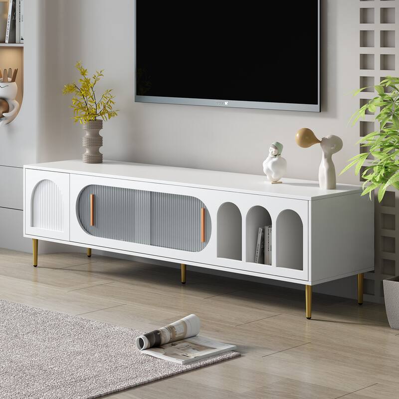Modern TV Stand for 70+ Inch TV, Entertainment Center TV Media Console Table, with 3 Shelves and 2 Cabinets, sliding door