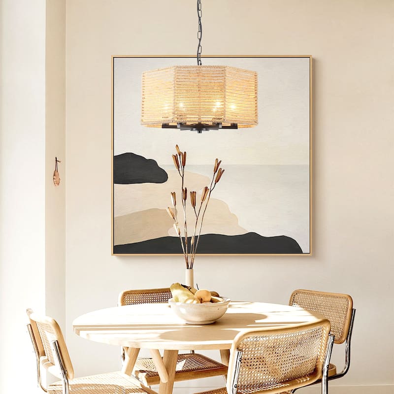 18.89-inch Bohemian-style 6-light octagonal metal chandelier with twine lampshades and adjustable height