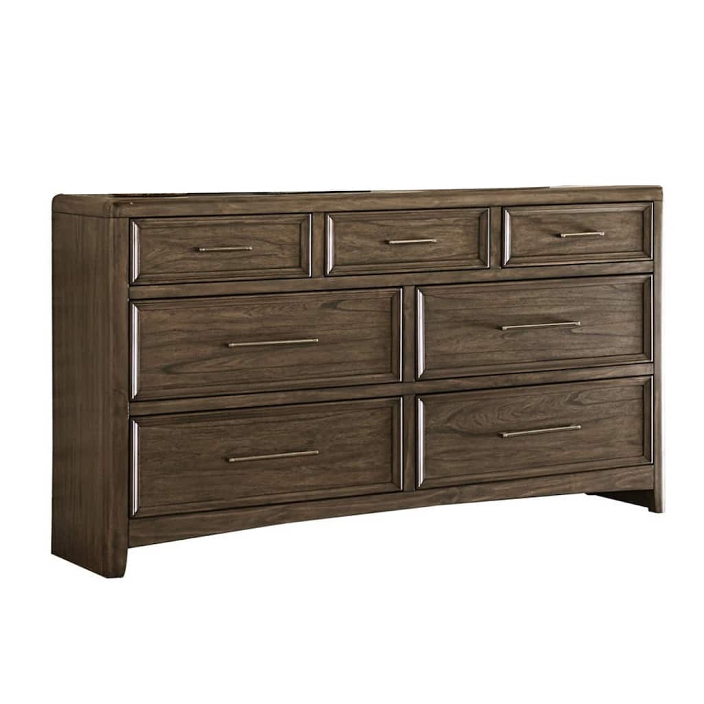 7 Drawer Rounded Corner Dresser with Grain Details and Panel Base, Brown