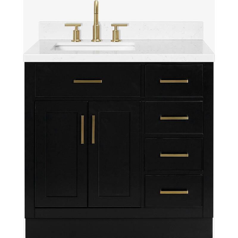Ariel T036SLCQRVO Hepburn 36" Free Standing Single Basin Vanity Set - Black / Carrara White Quartz / Satin Brass