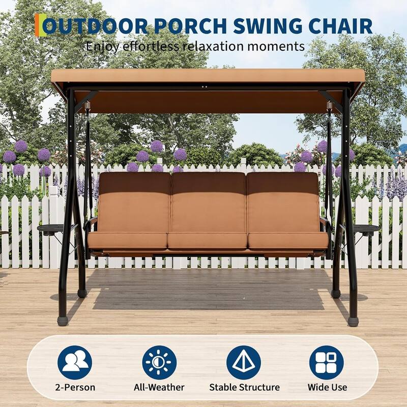 3 Seat Outdoor Porch Swing Chair with Canopy ＆ Cup Holders for Backyard, Porch, Garden