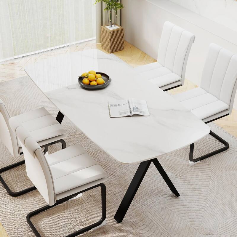 Rectangular dining table featuring a tempered glass tabletop with a marble-patterned design for restaurant dining settings